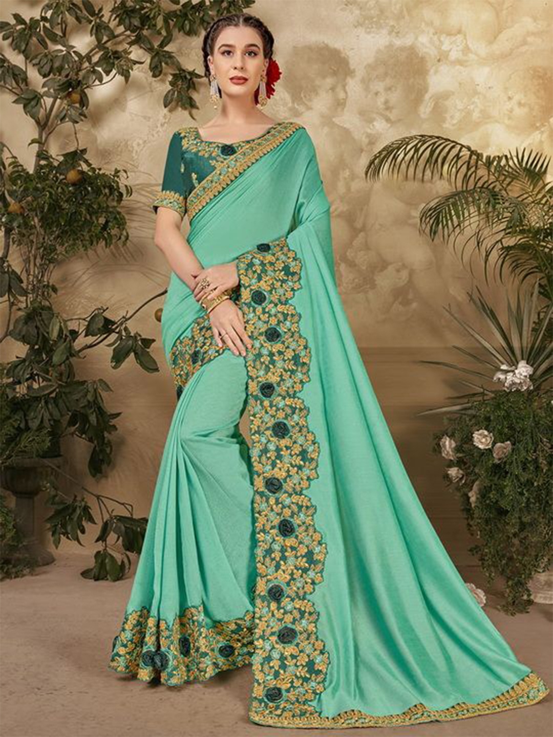 

Kalista Floral Embroidered Saree With Blouse Piece, Sea green