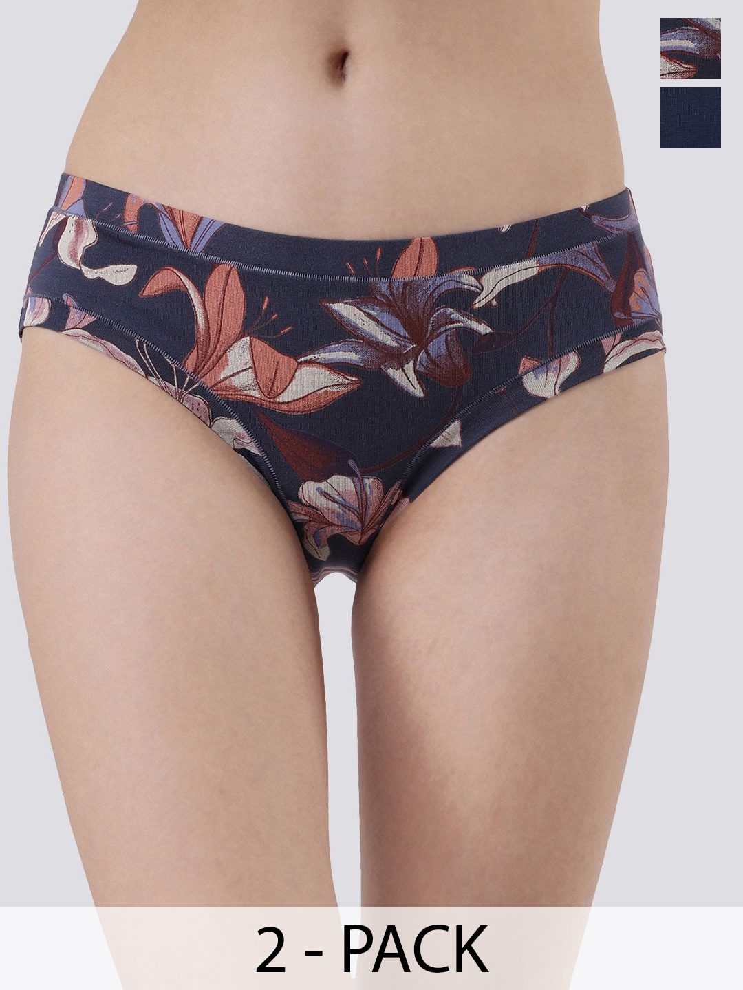 

Soie Pack Of 2 Floral Printed Mid-Rise Seamless Hipster Briefs 2CK-33 P- 8, Navy blue