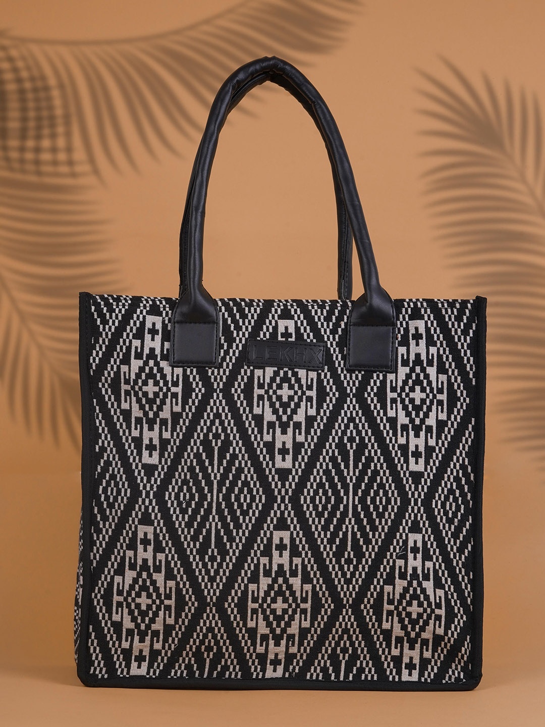 

LEKHX Ethnic Motifs Shopper Handheld Bag with Tasselled, Black