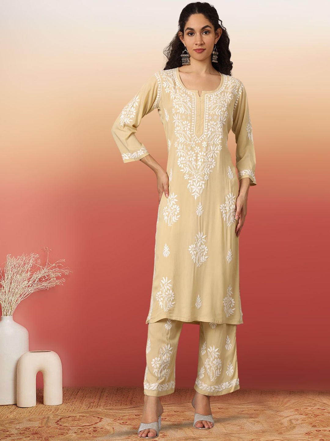 

PARAMOUNT CHIKAN Women Embroidered Lucknowi Chikankari Modal Kurta Set, Beige