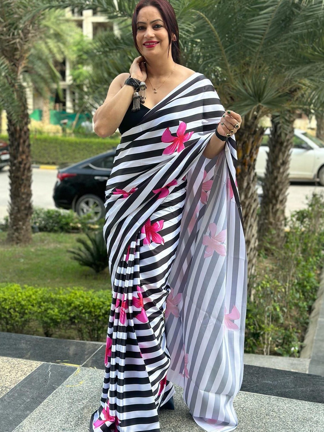 

Mitera Striped Floral Saree with Blouse, White