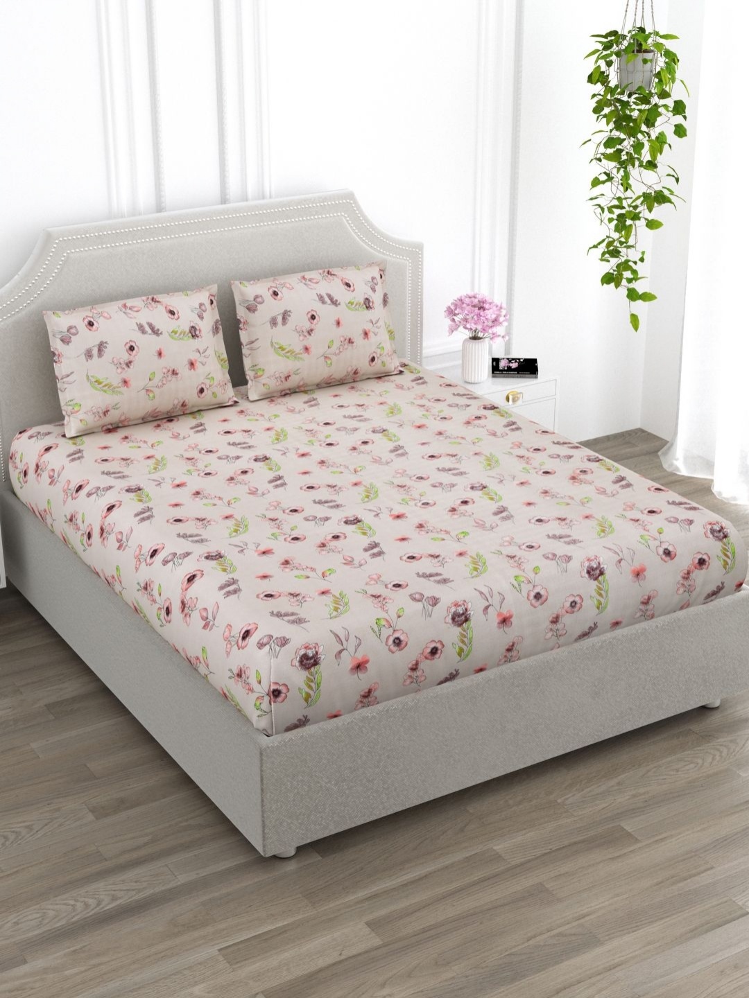 

EverHOME Nirvana Beige & Pink Floral Cotton 144 TC Super King Bedsheet & 2 Pillow Covers