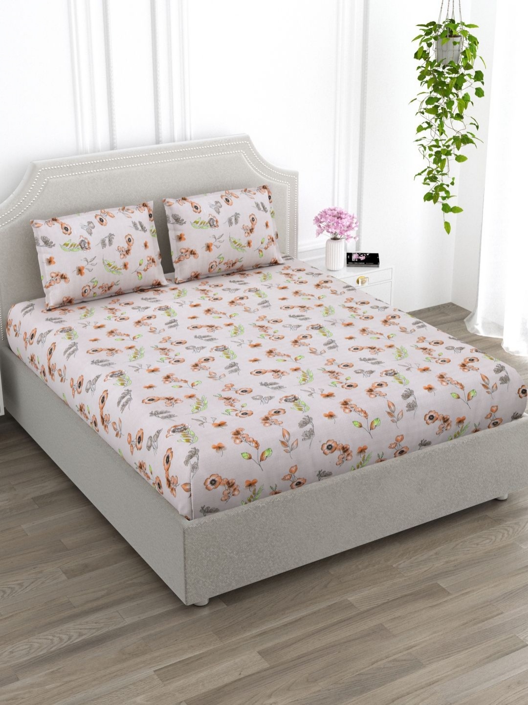 

EverHOME Nirvana Beige & Grey Floral Cotton 144 TC Super King Bedsheet & 2 Pillow Covers