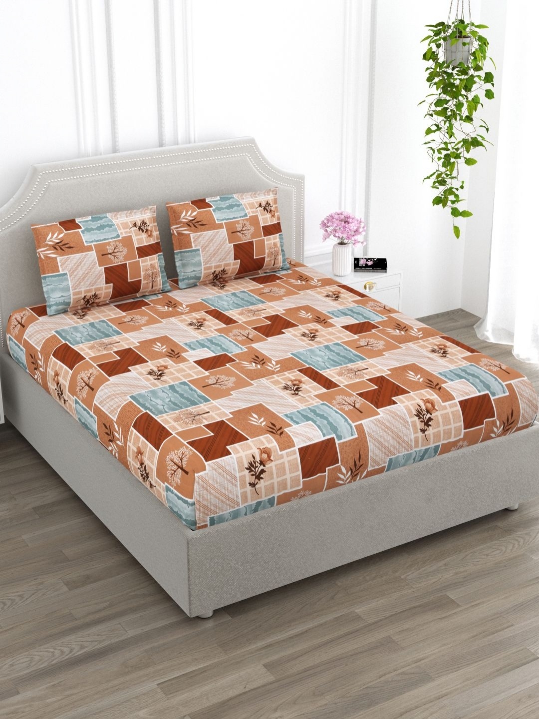 

EverHOME Nirvana Brown Geometric 144 TC Cotton Super King Bedsheet & 2 Pillow Covers