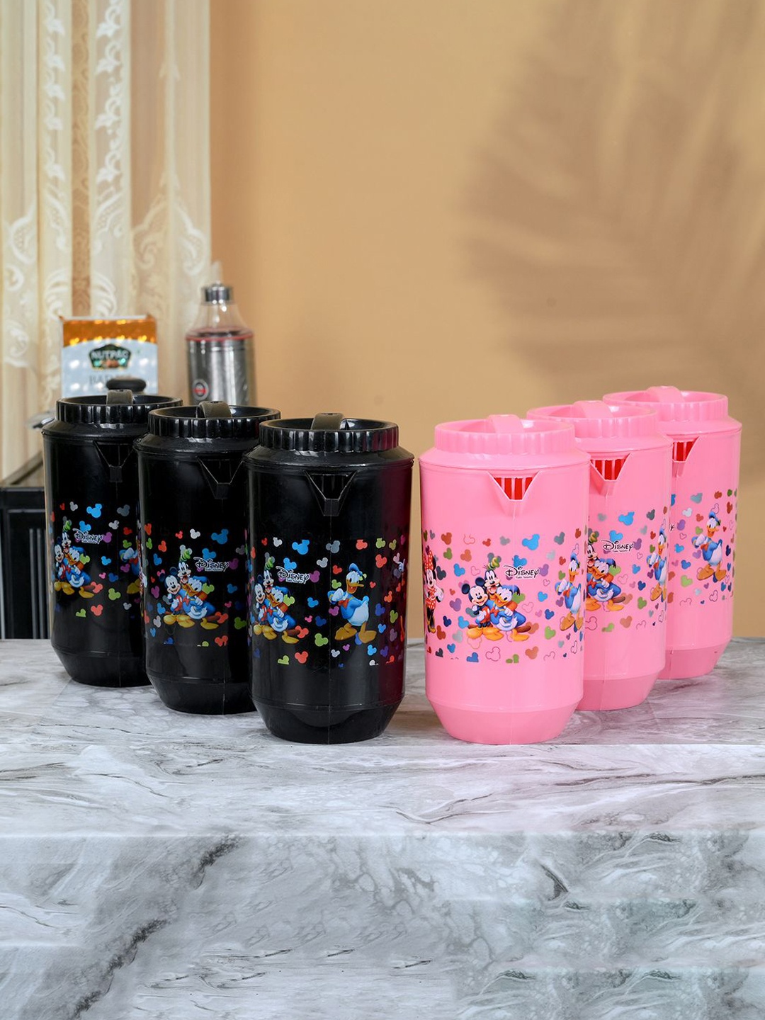 

Kuber Industries Black & Pink 6 Pieces Printed Water Jugs 2 L Each