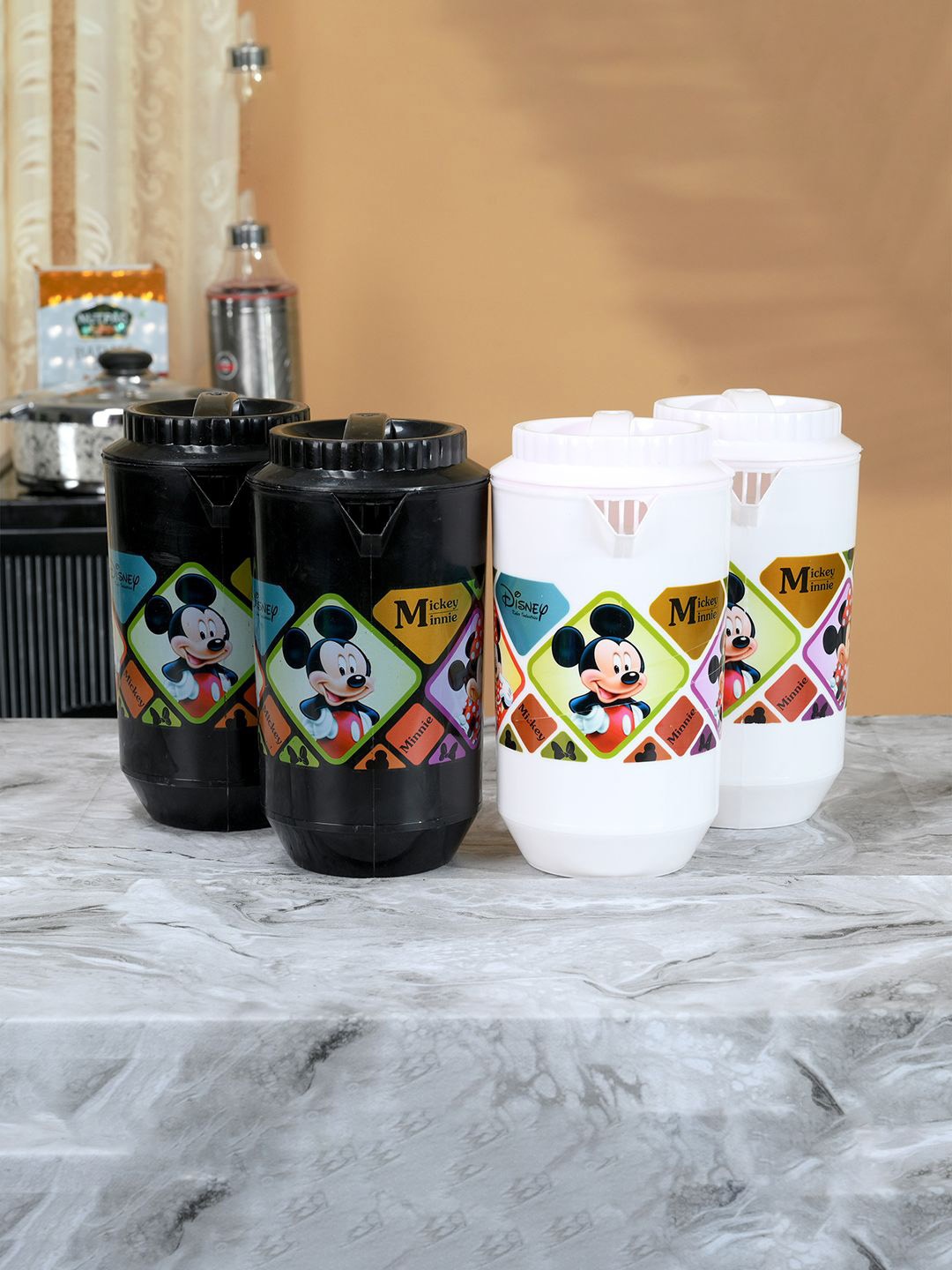 

Kuber Industries White & Black 4 Pieces Printed Water Jugs 2 L Each