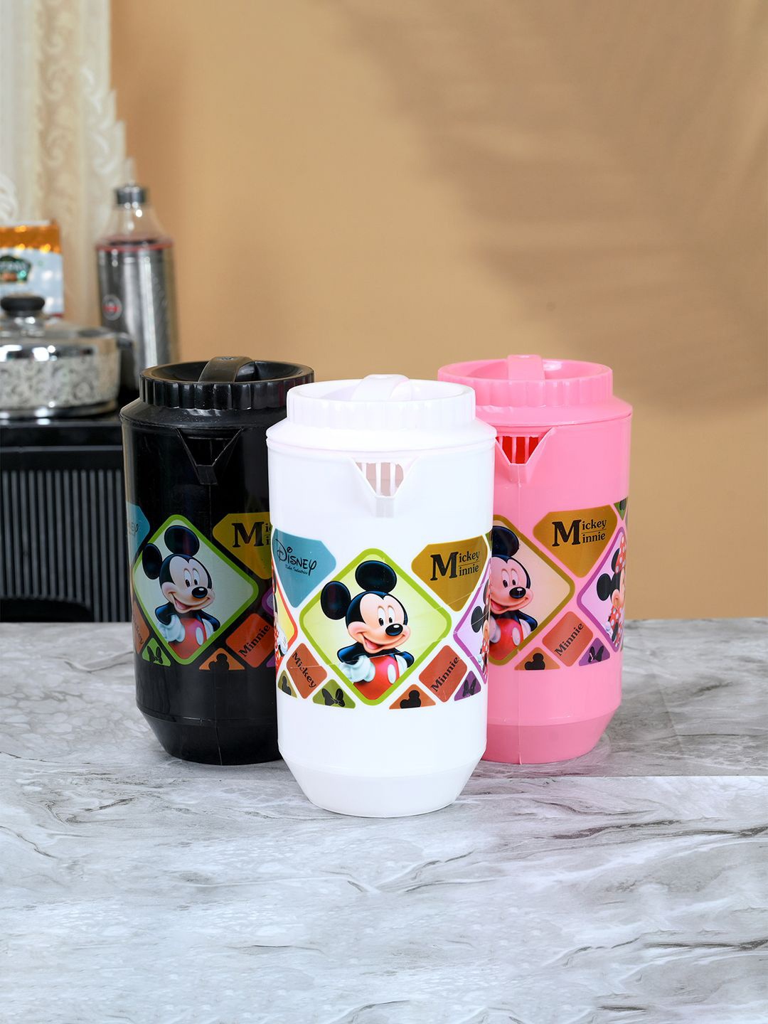 

Kuber Industries White & Black 3 Pieces Printed Water Jugs 2 L Each