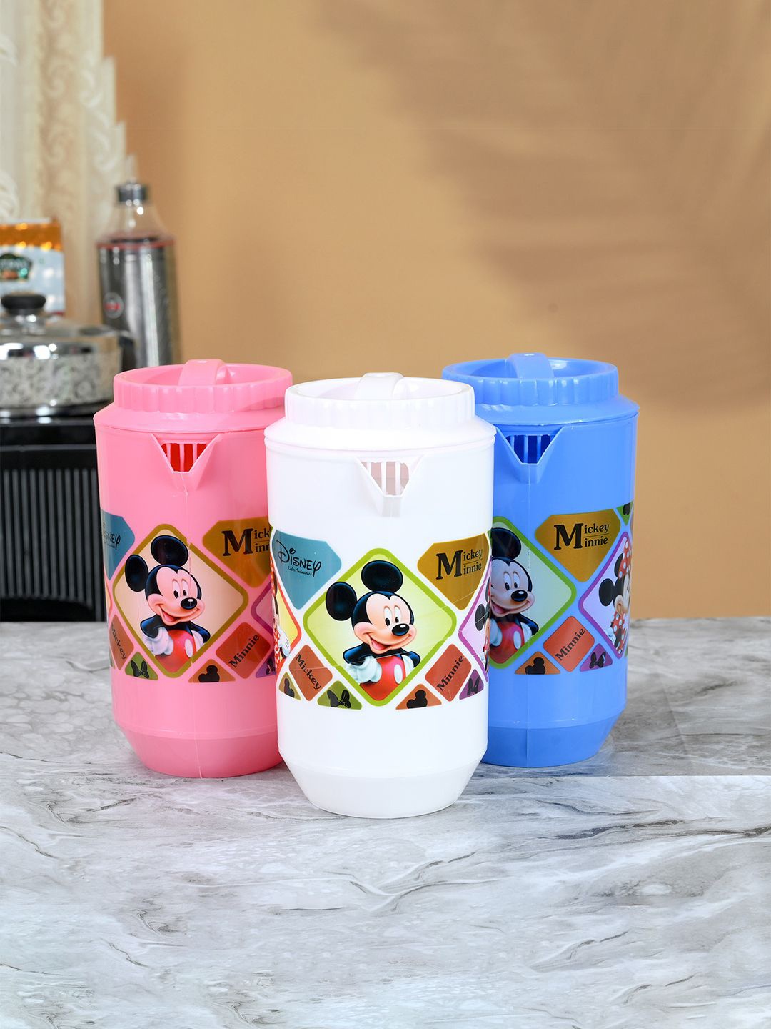 

Kuber Industries White & Pink 3 Pieces Printed Water Jugs 2 L Each