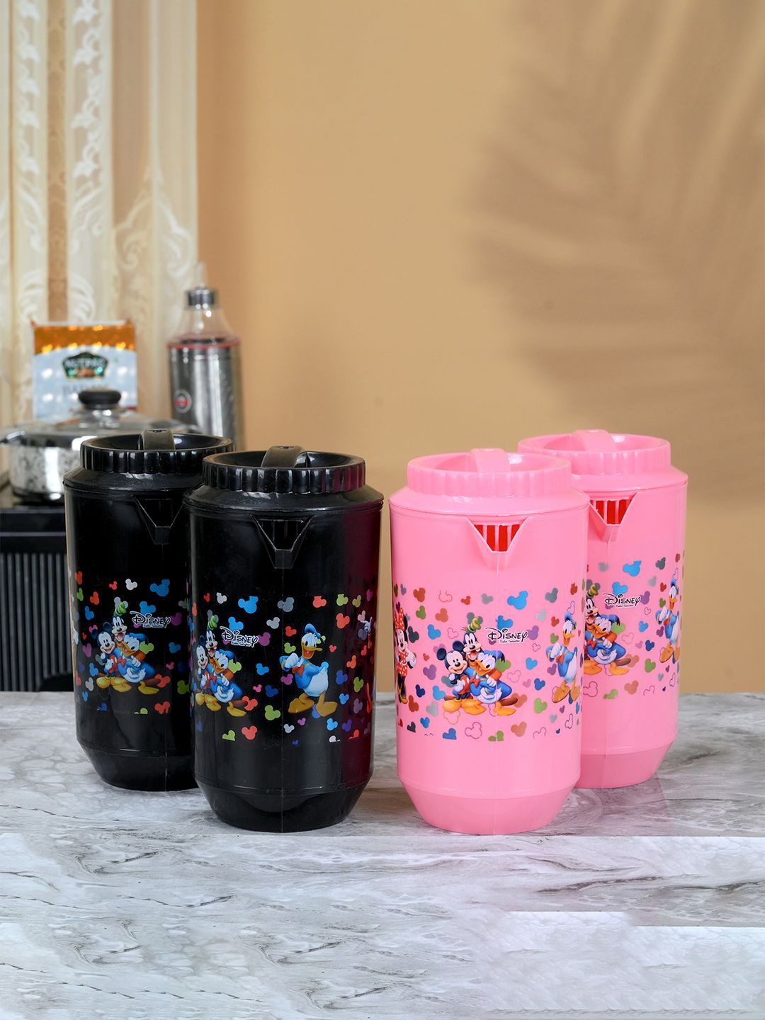 

Kuber Industries Black & Pink 4 Pieces Printed Water Jugs 2 L Each