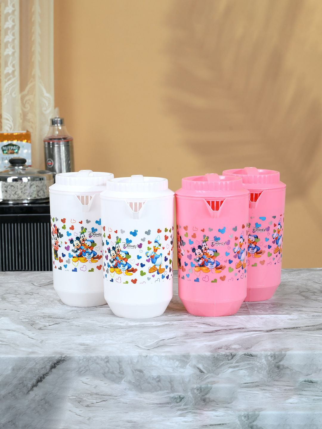 

Kuber Industries White & Pink 4 Pieces Printed Water Jugs 2 L Each