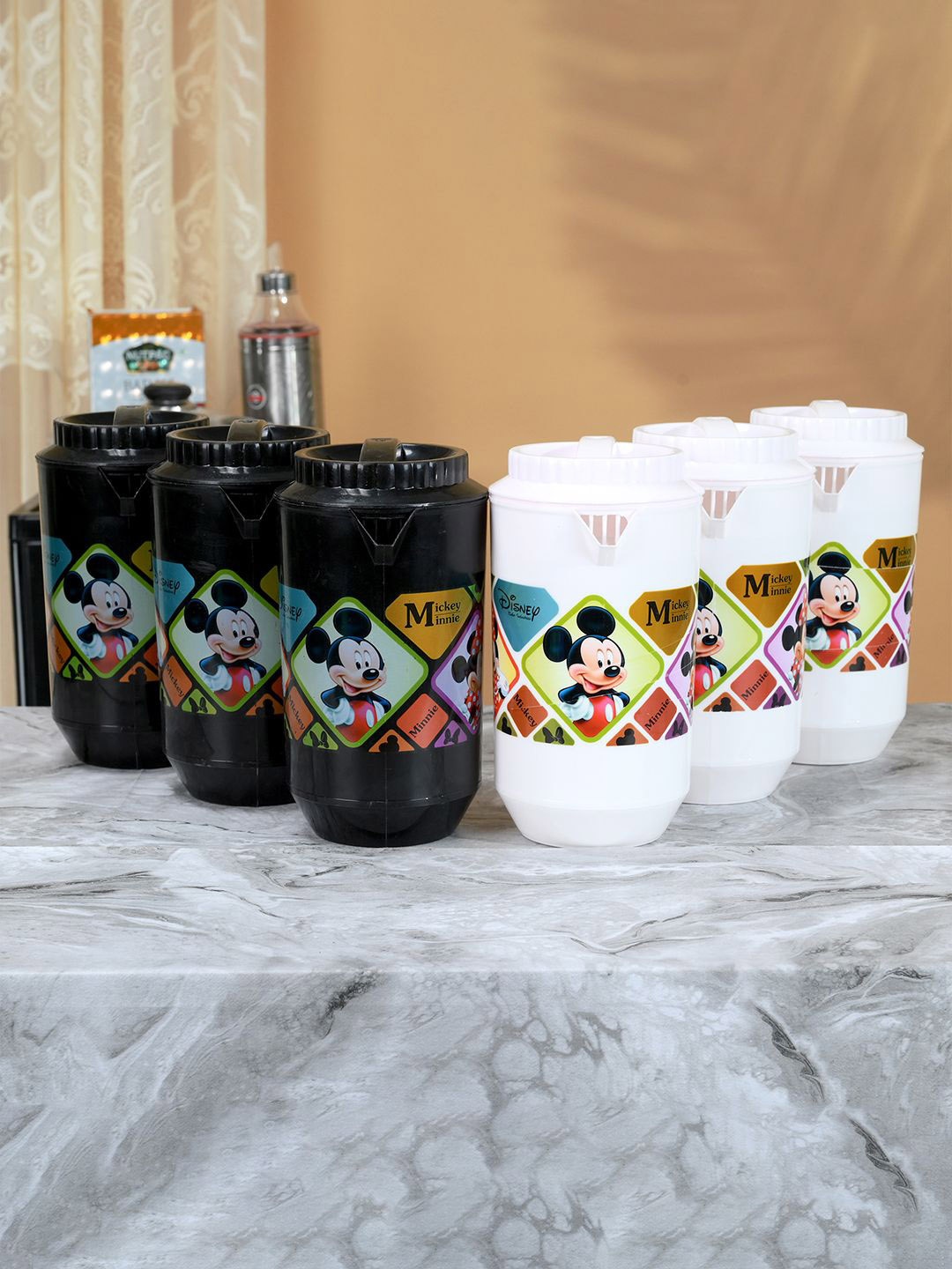 

Kuber Industries White & Black 6 Pieces Printed Water Jugs 2 L Each