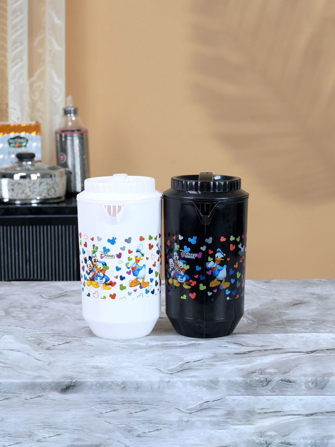 

Kuber Industries White & Black 2 Pieces Printed Water Jugs 2 L Each