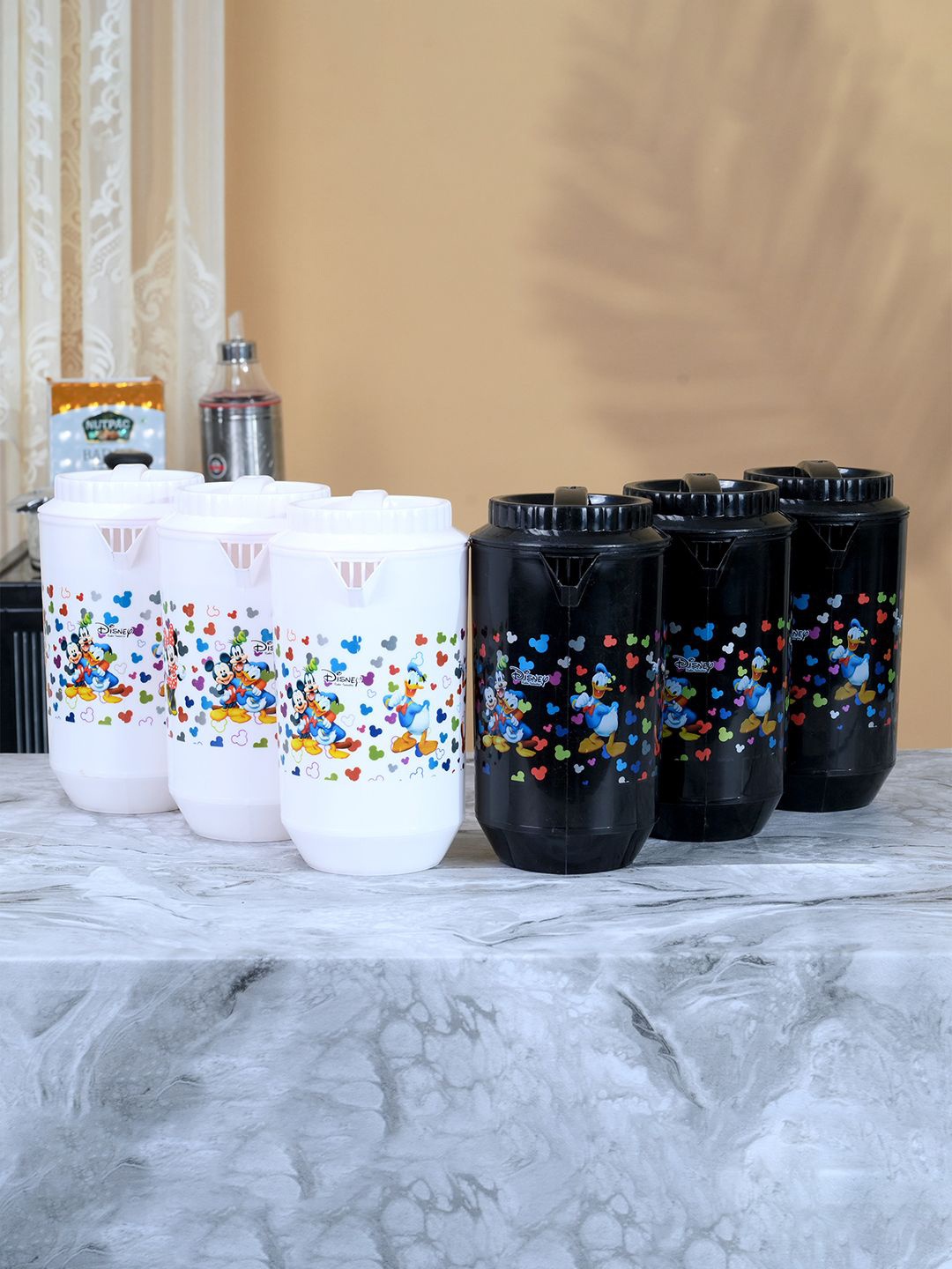 

Kuber Industries White & Black 6 Pieces Printed Water Jugs 2 L Each