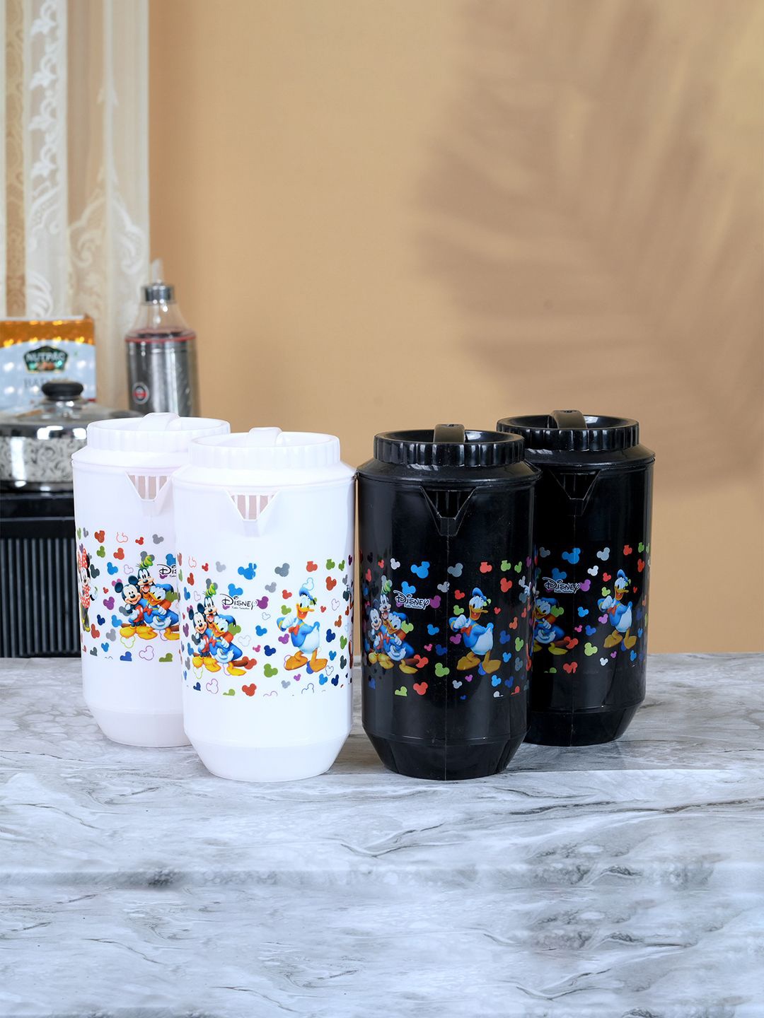 

Kuber Industries White & Black 4 Pieces Printed Water Jugs 2 L Each