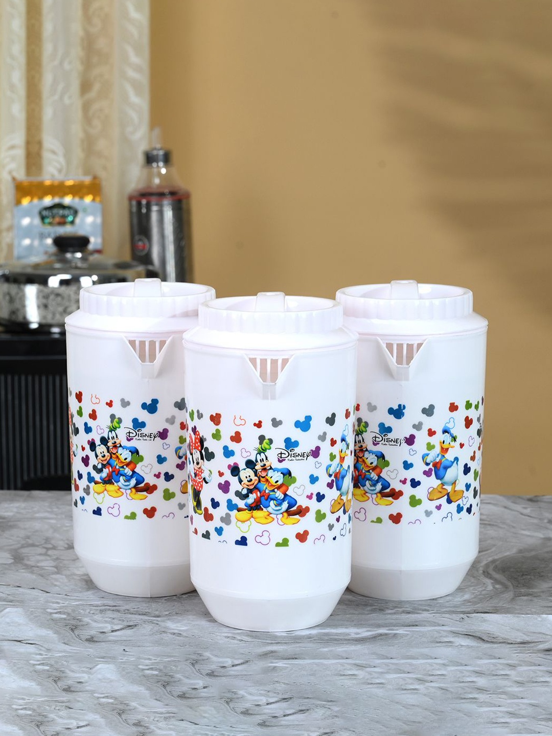 

Kuber Industries White & Blue 3 Pieces Printed Water Jugs 2 L Each