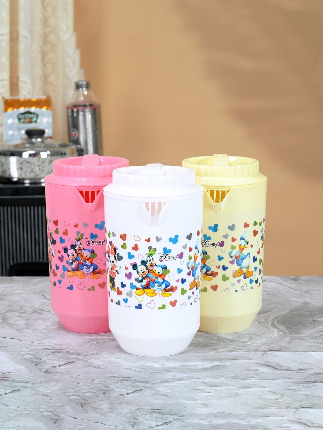 

Kuber Industries White & Pink 3 Pieces Printed Water Jugs 2 L Each