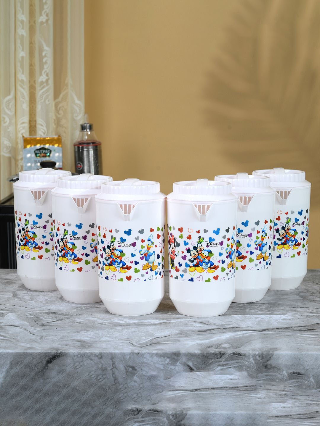 

Kuber Industries White & Blue 6 Pieces Printed Water Jugs 2L