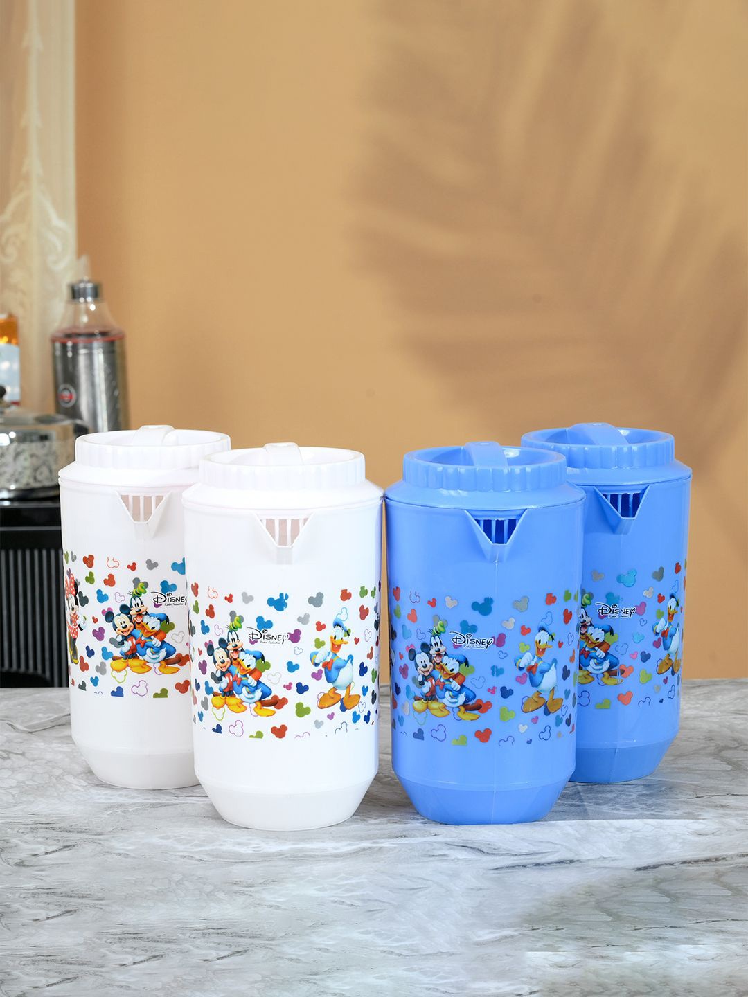 

Kuber Industries White & Blue 4 Pieces Printed Water Jugs 2L