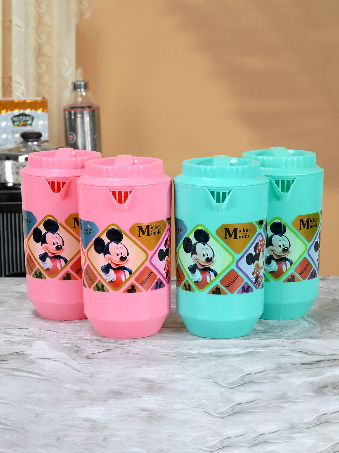 

Kuber Industries Green & Pink 4 Pieces Printed Water Jugs 2L Each