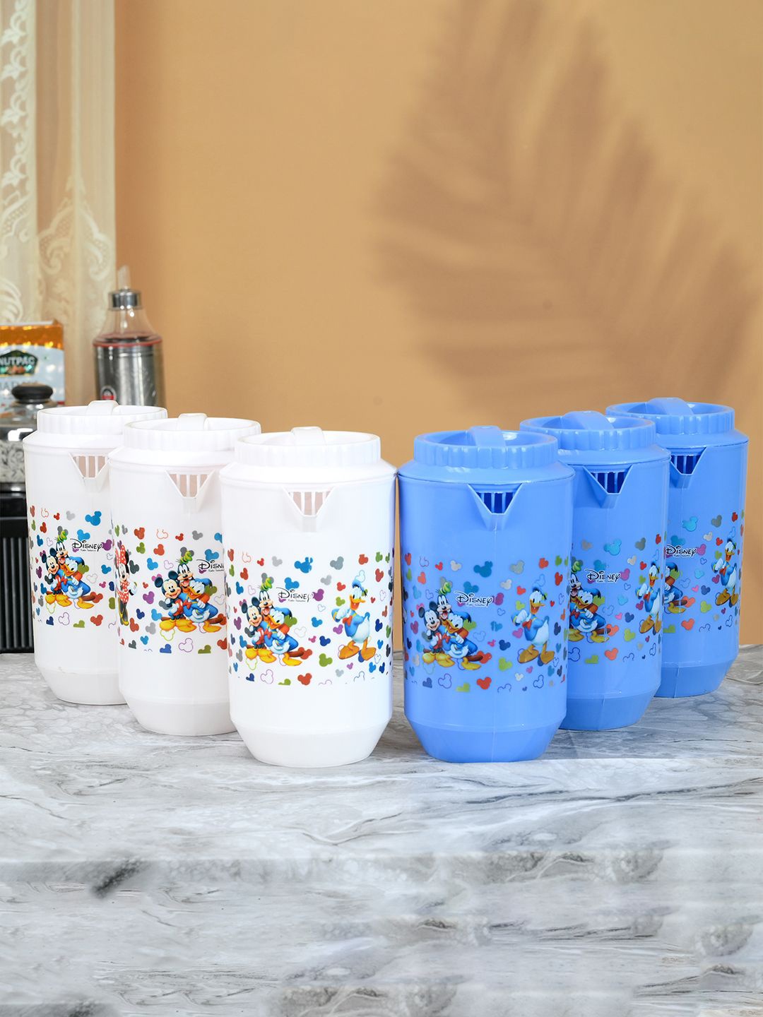 

Kuber Industries White & Blue 6 Pieces Printed Water Jugs 2L