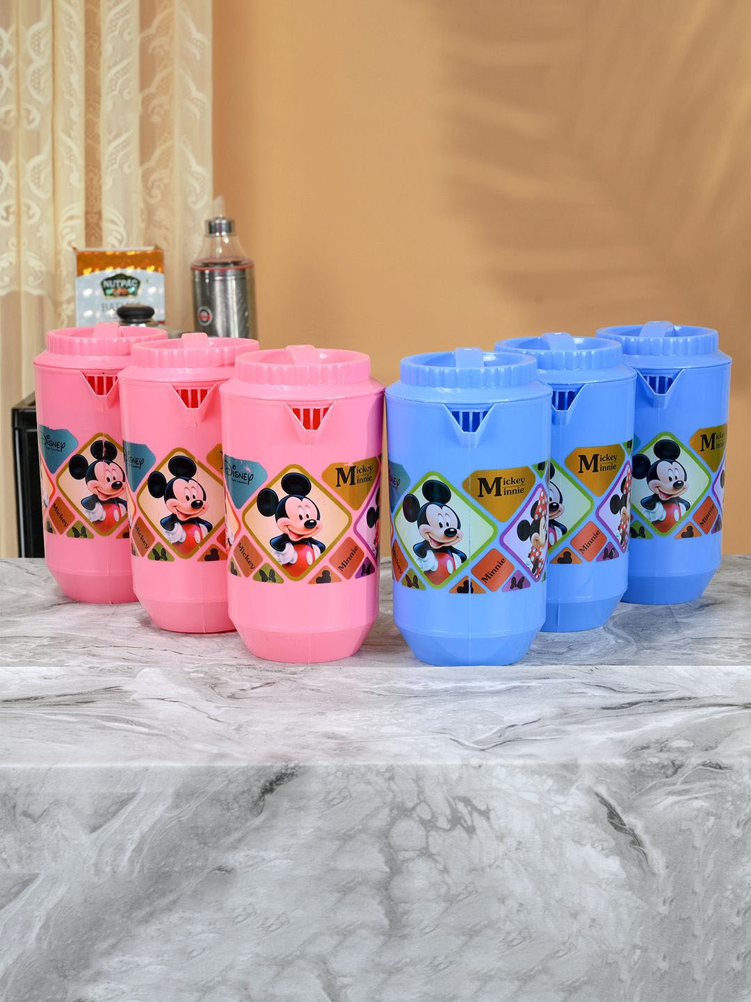 

Kuber Industries Pink & Blue 6 Pieces Printed Water Jugs 2L