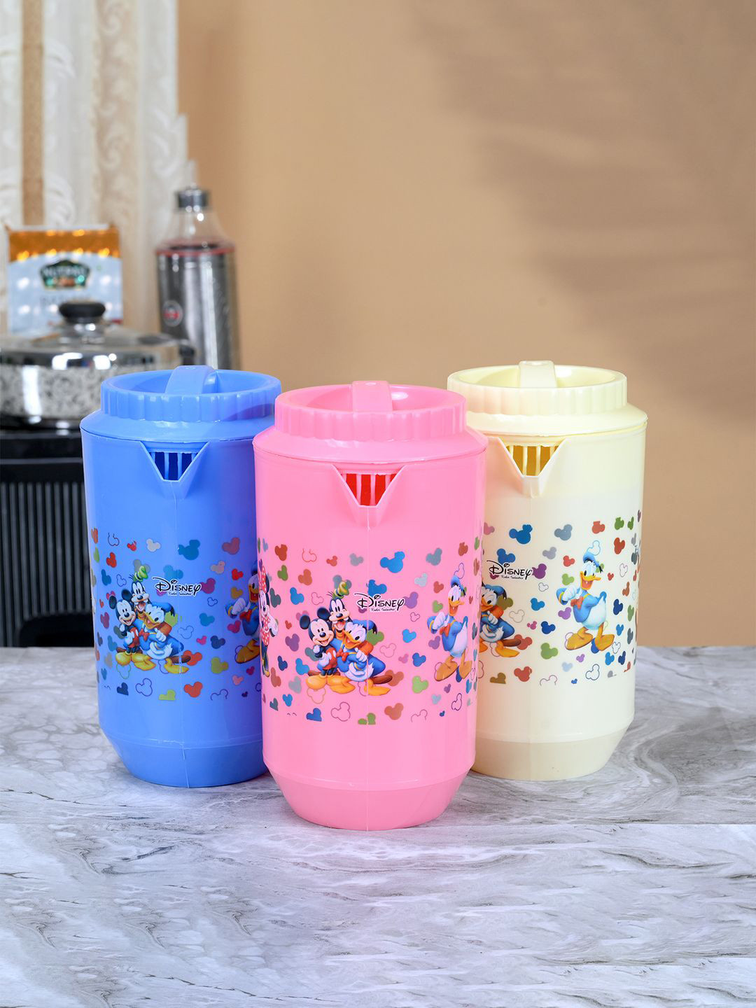 

Kuber Industries White & Pink 3 Pieces Check Disney Jug for Water & Juice 2L Each