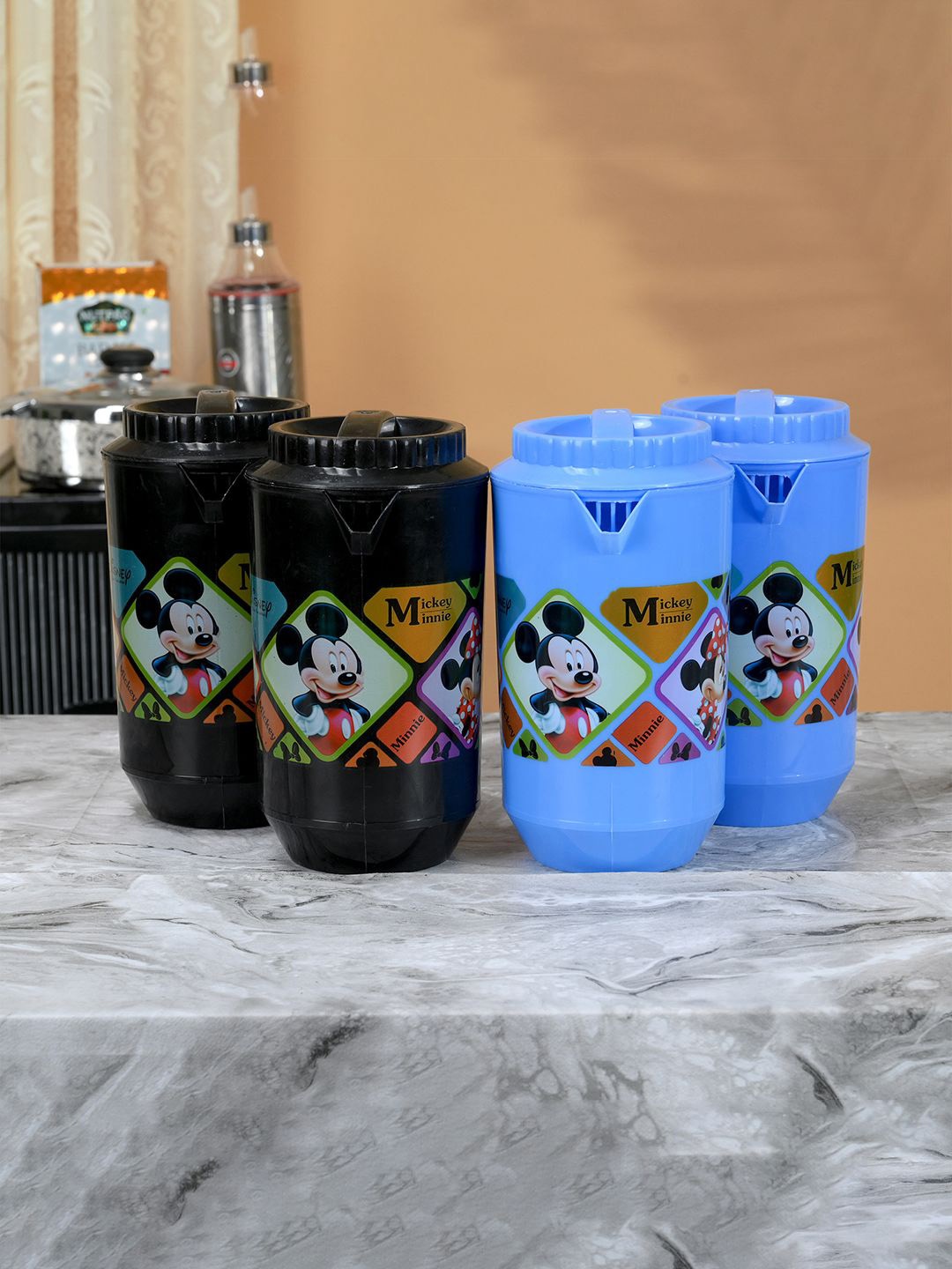 

Kuber Industries Blue & Black 4 Pieces Printed Water Jugs 2L