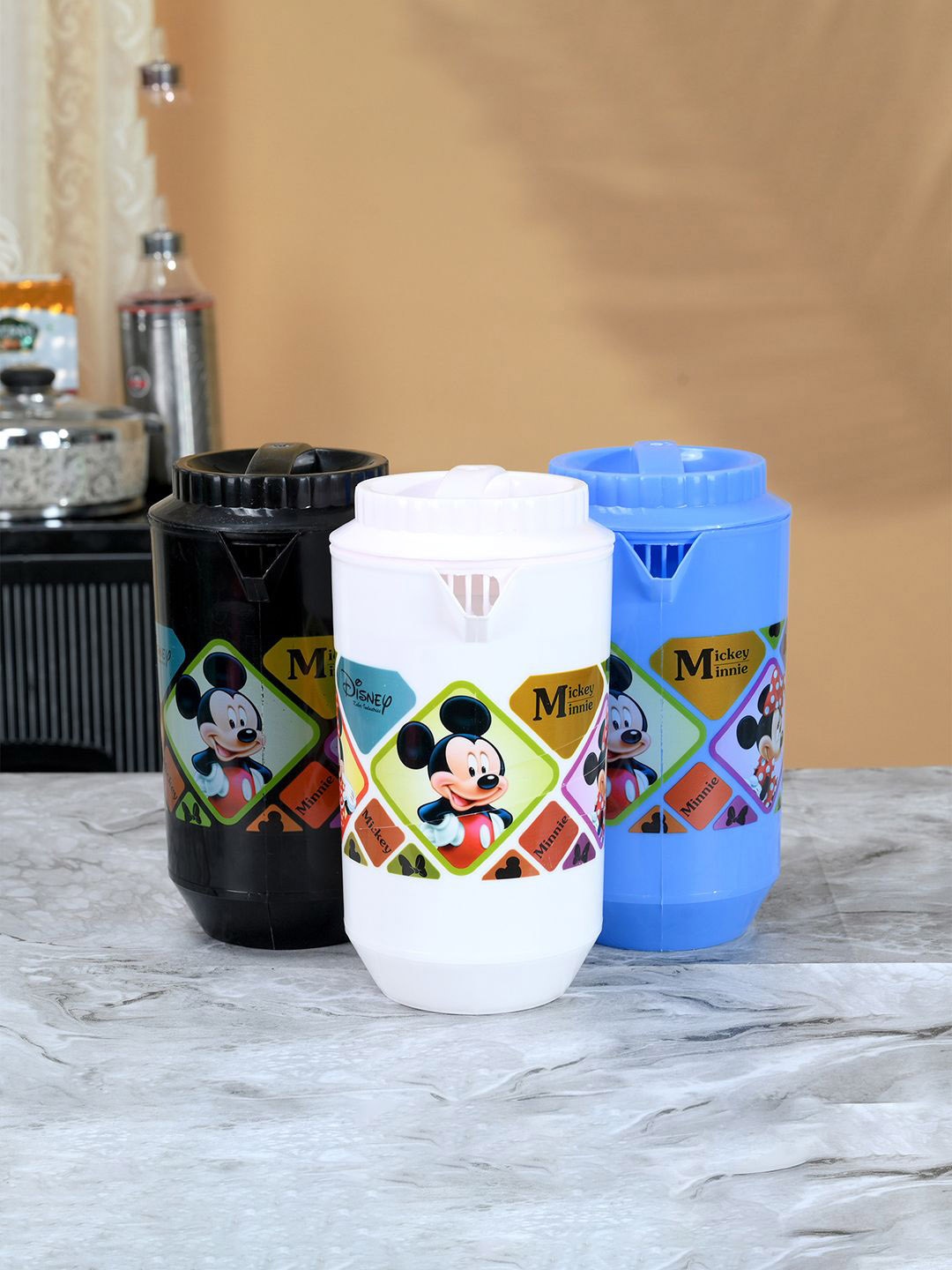 

Kuber Industries Black & Blue 3 Pieces Check Disney Plastic Water Jugs 2L, White