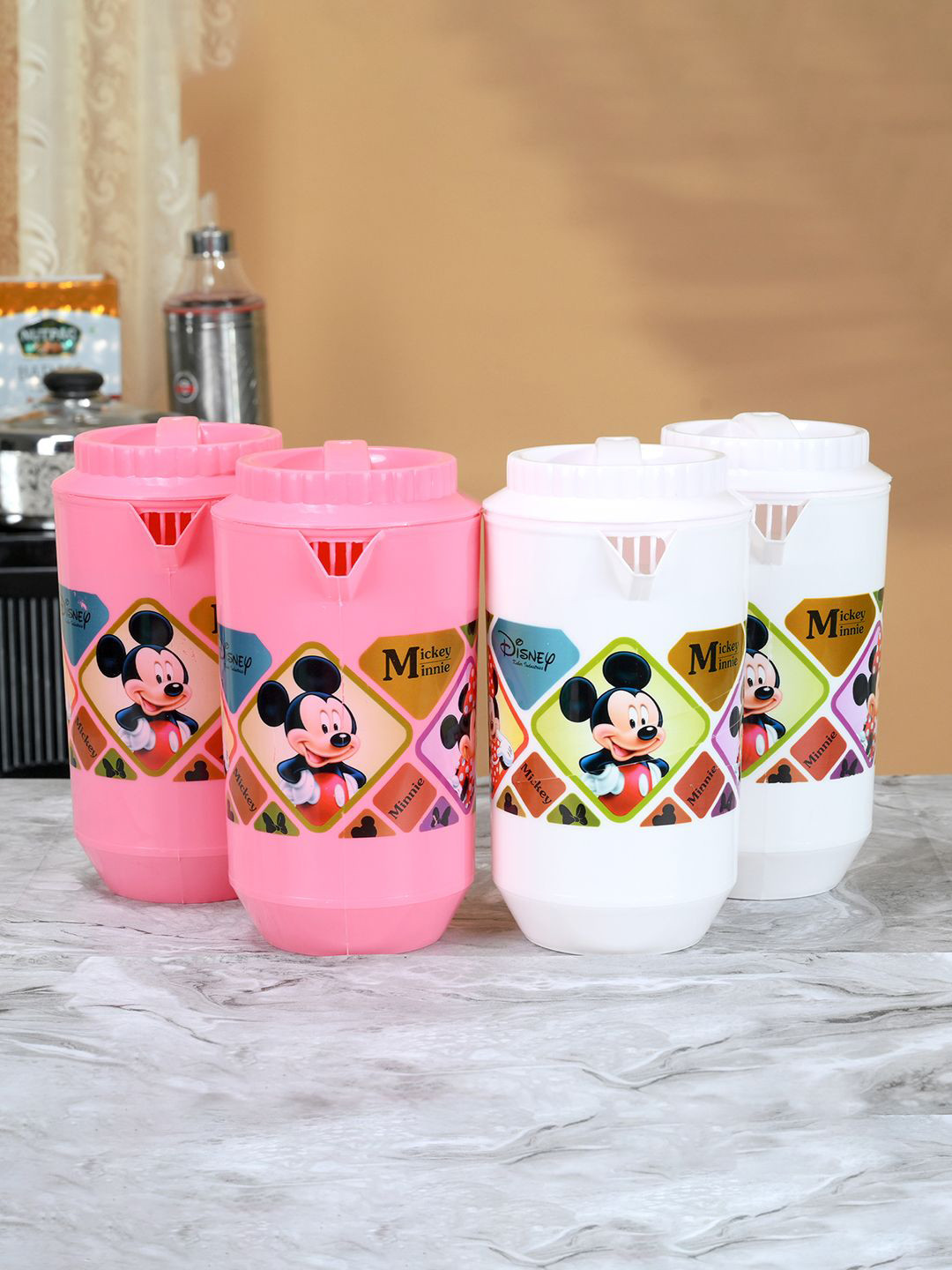

Kuber Industries White & Pink 4 Pieces Printed Water Jugs 2L