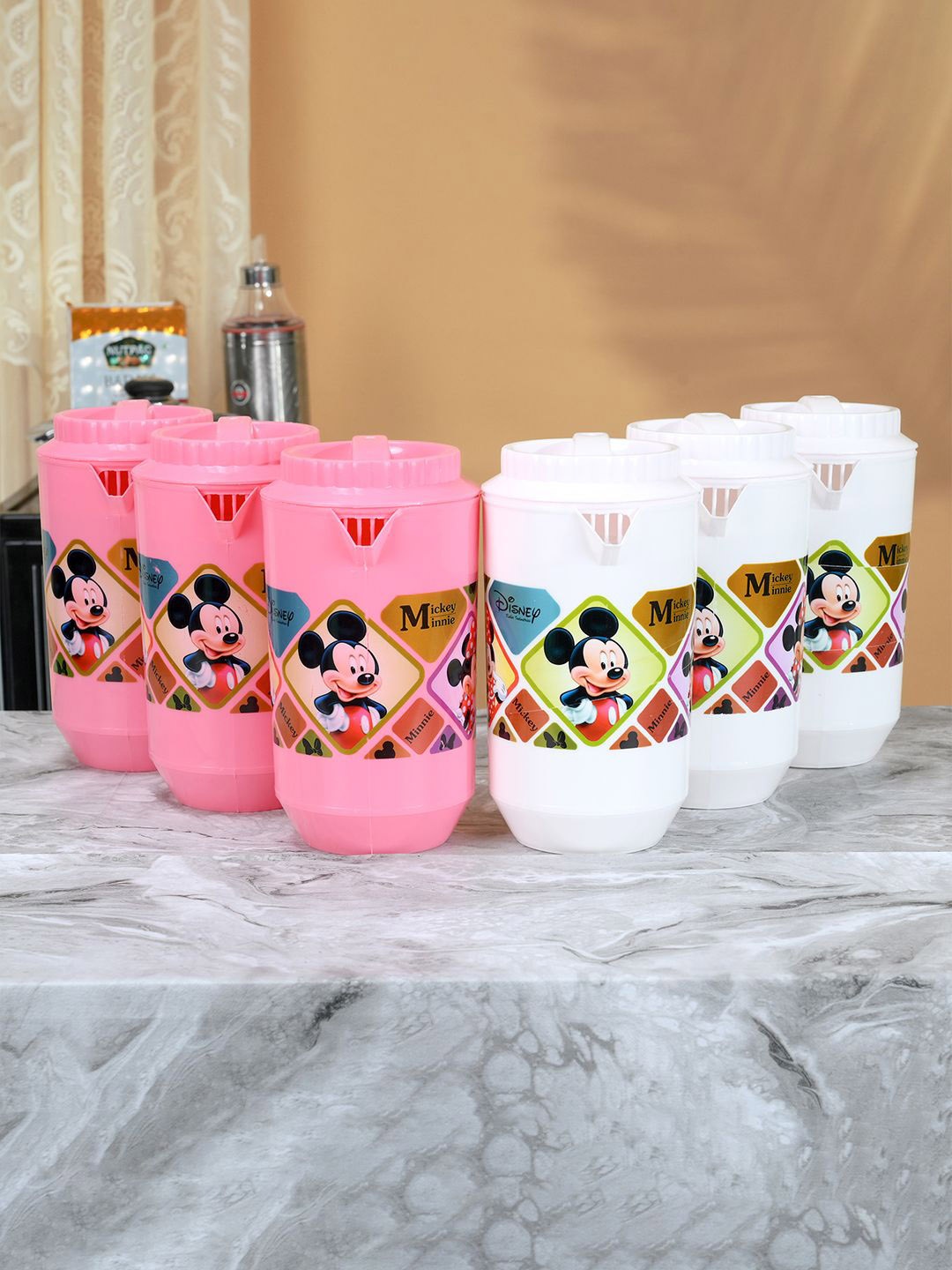 

Kuber Industries White & Pink 6 Pieces Printed Water Jugs 2L