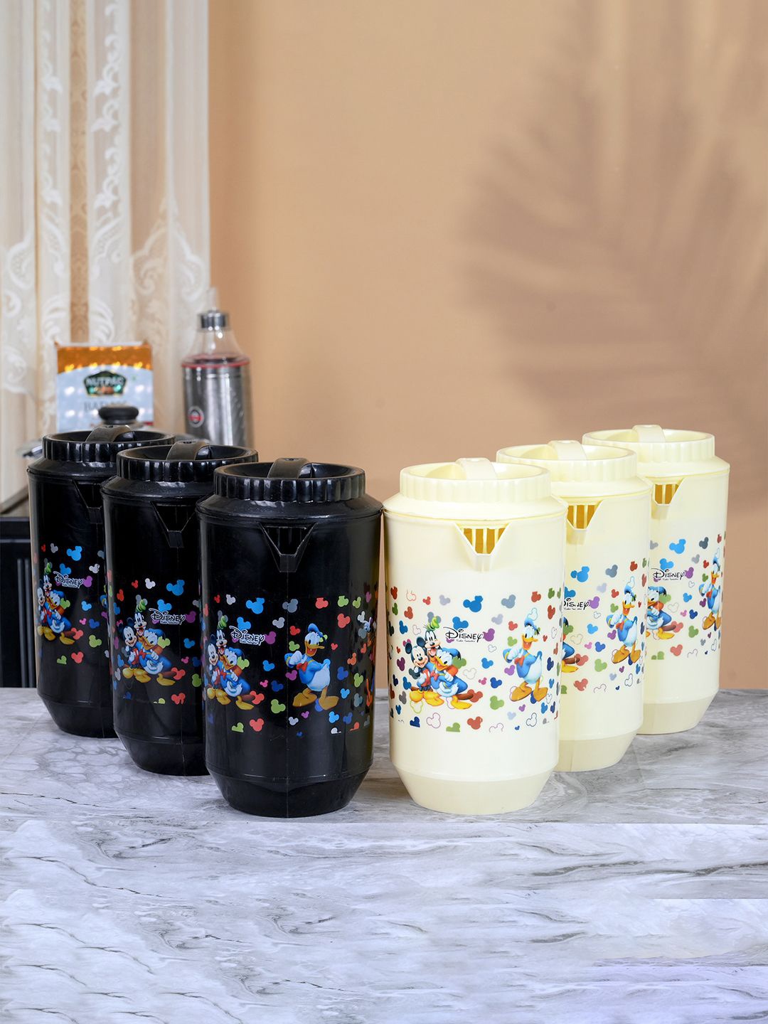

Kuber Industries Cream & Black 6 Pieces Printed Water Jug -2L Each