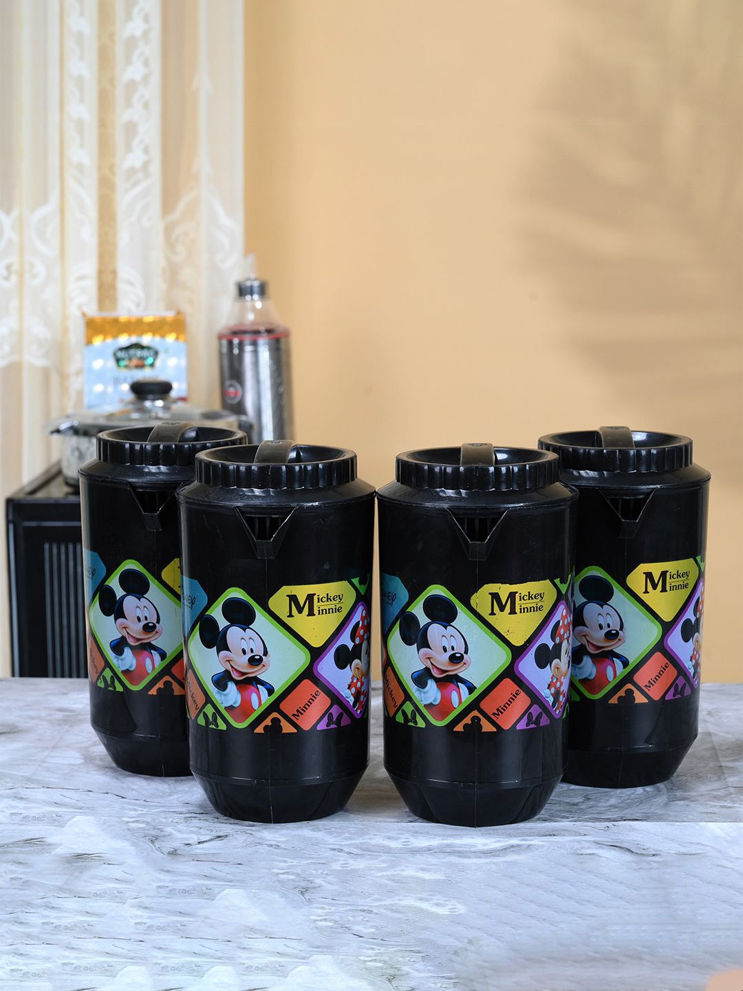 

Kuber Industries Black & Blue 4 Pieces Printed Water Jugs 2L