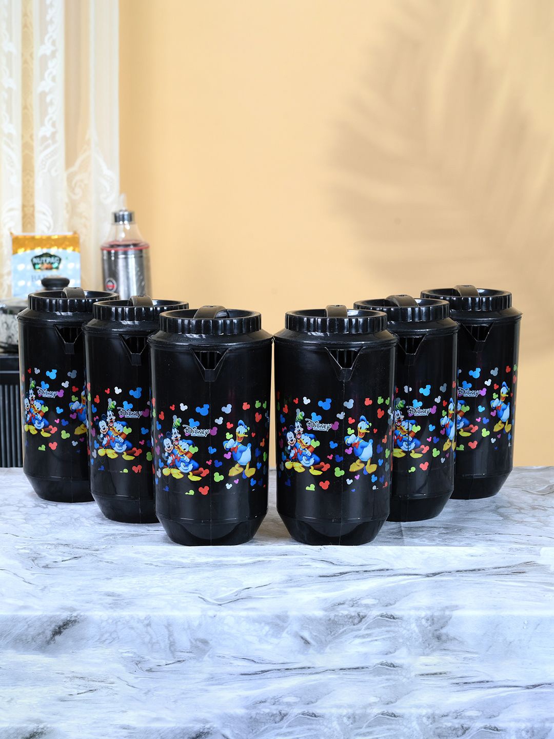 

Kuber Industries Black & Blue 6 Pieces Printed Water Jugs 2L