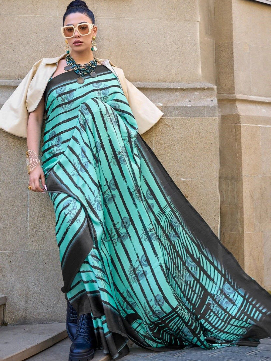 

Iris Striped Saree With Blouse, Sea green
