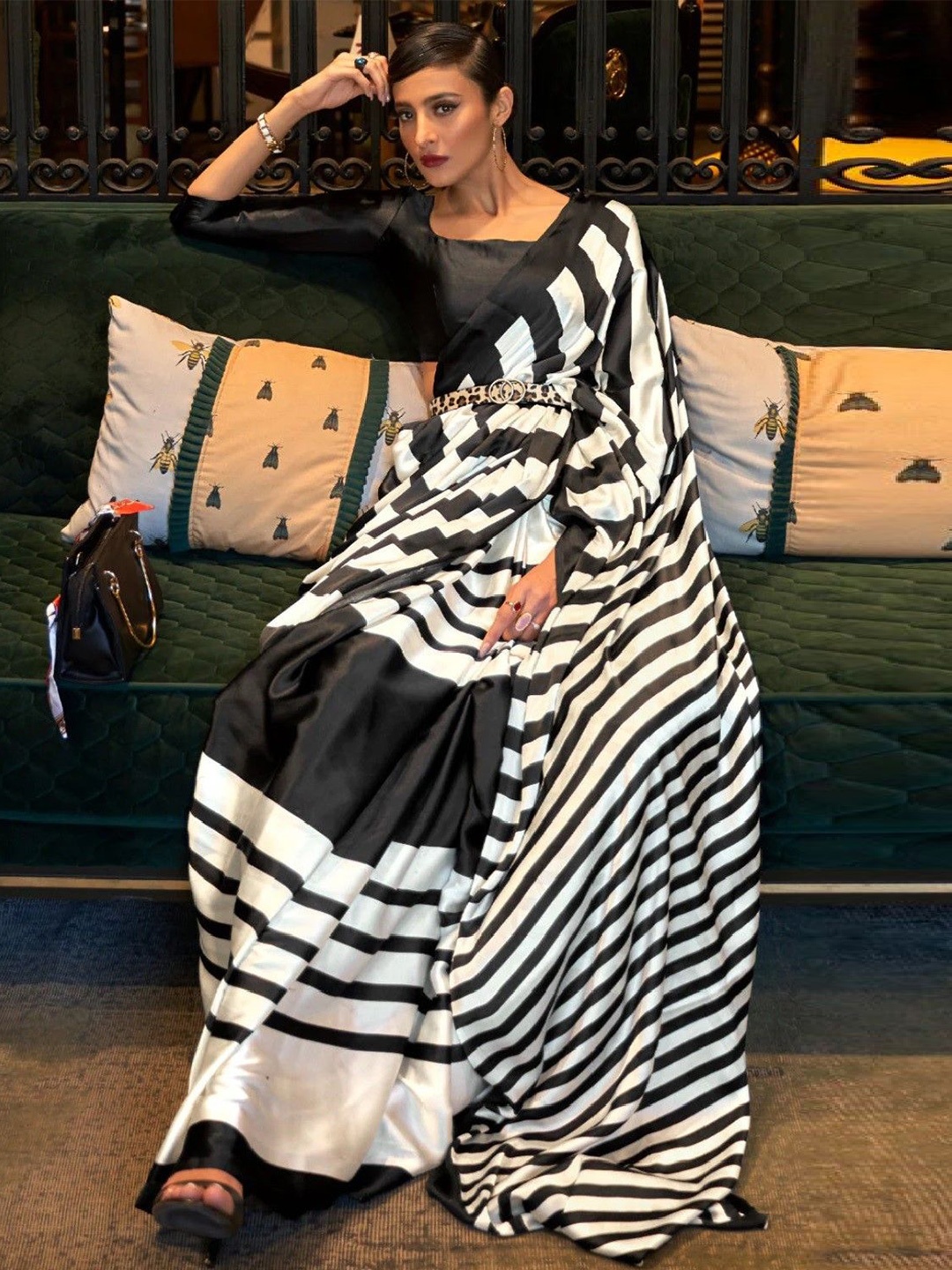 

Iris Striped Saree With Blouse, Black