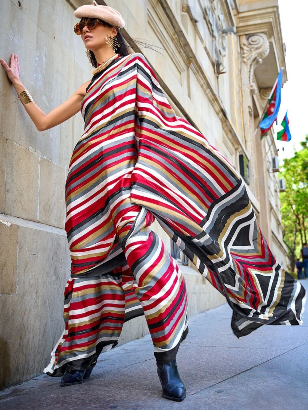 

Iris Striped Saree With Blouse, Red