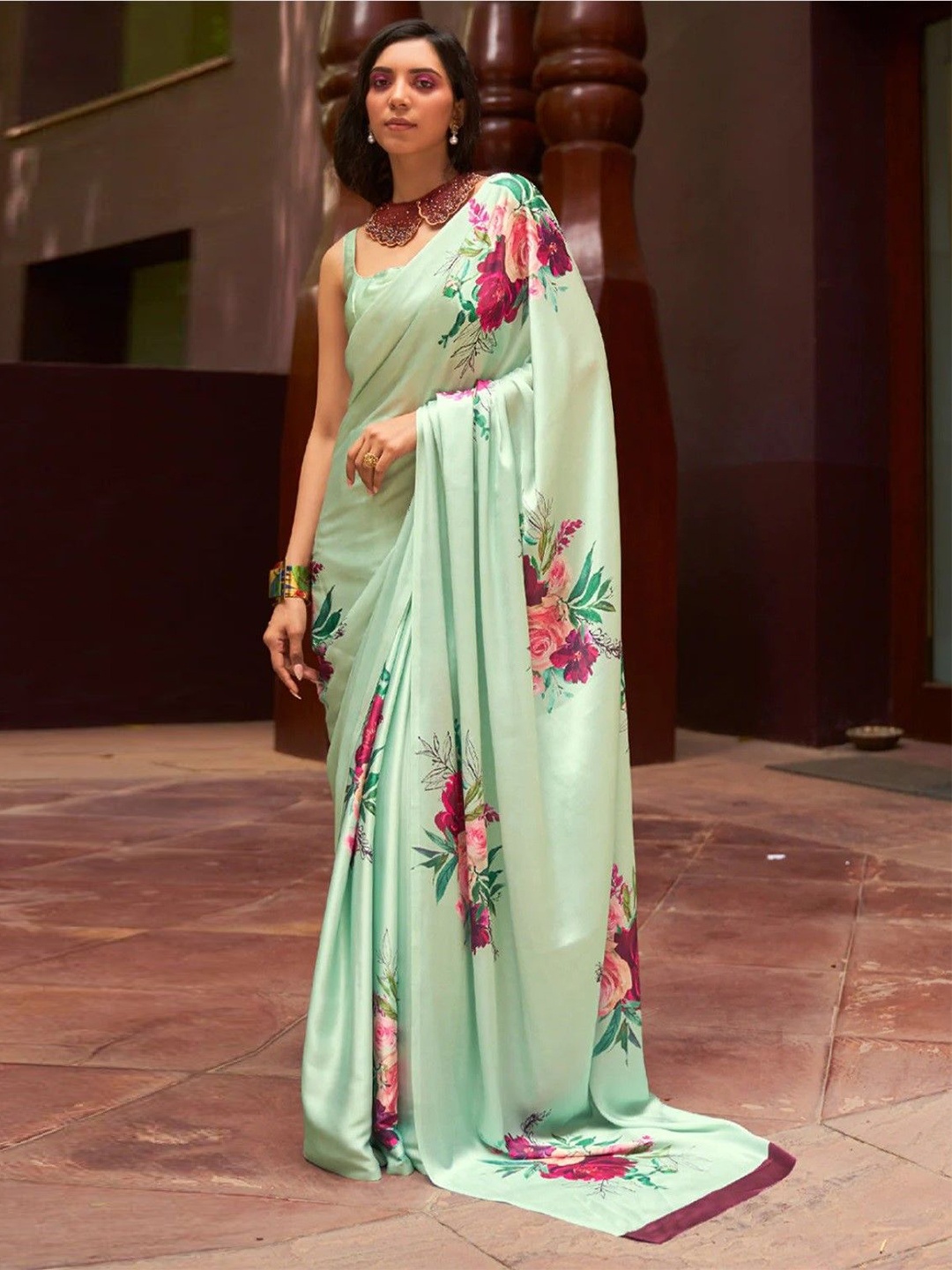 

Iris Floral Print Saree with Blouse, Sea green