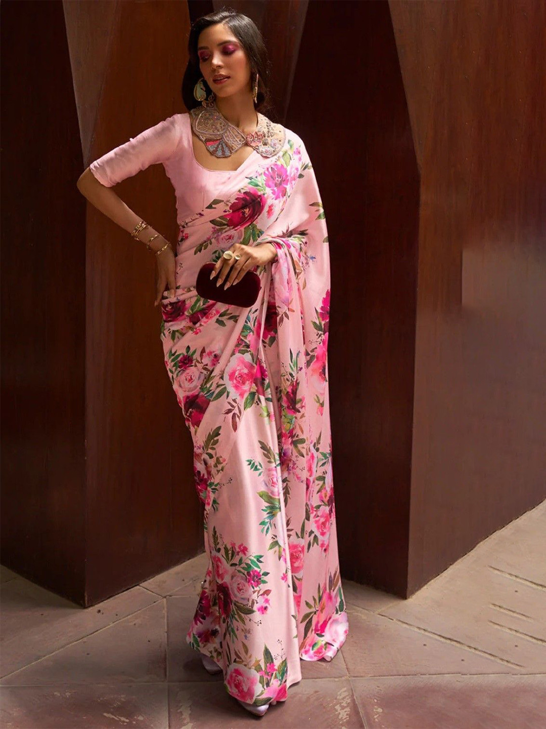 

Iris Floral Print Saree with Blouse, Pink