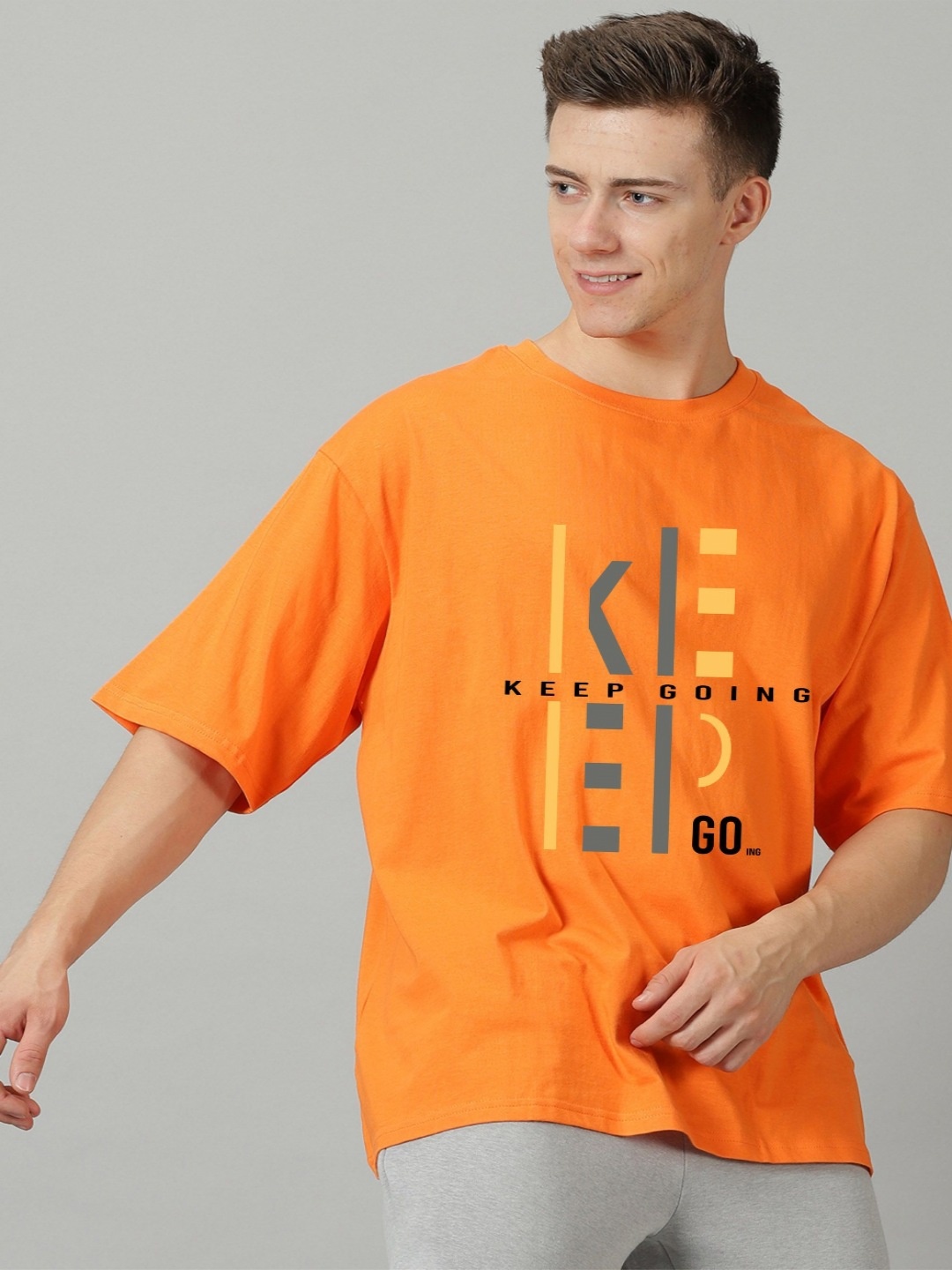 SLOWLORIS Men Typography Printed Applique T-shirt, Orange