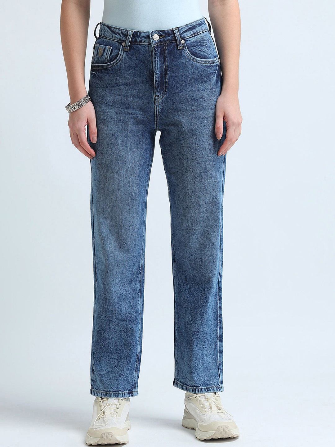 

U.S. Polo Assn. Women Straight Fit High-Rise Heavy Fade Stretchable Jeans, Blue