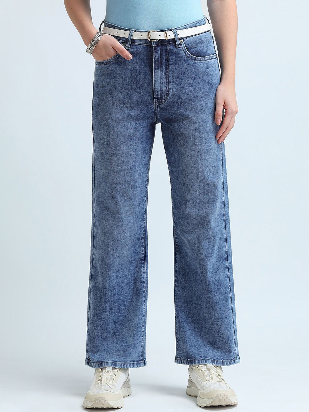 

U.S. Polo Assn. Women Wide Leg High-Rise Heavy Fade Stretchable Jeans, Blue