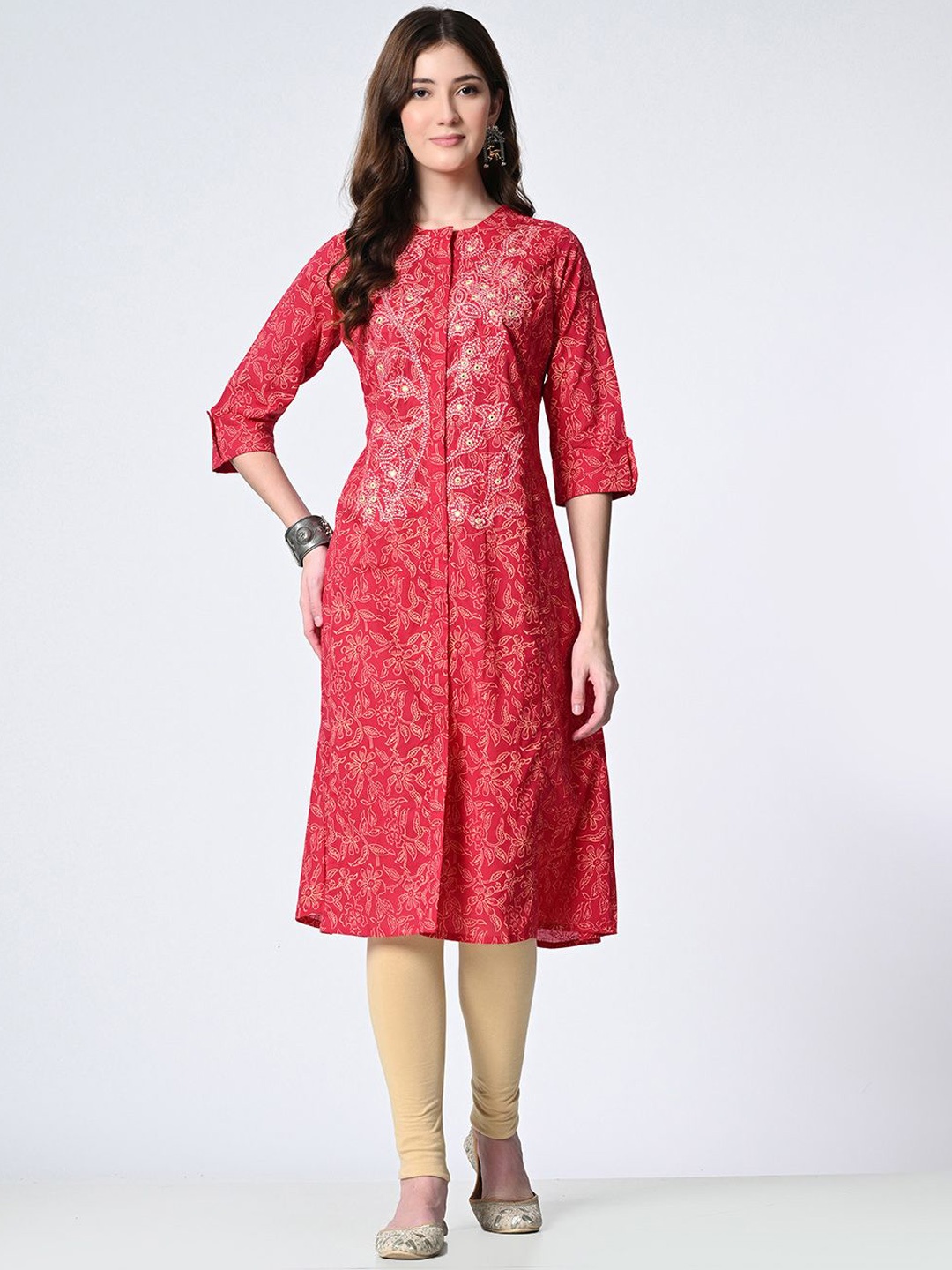 

Rue Collection Floral Printed Mirror Work Roll-Up Sleeves Cotton Straight Kurta, Red