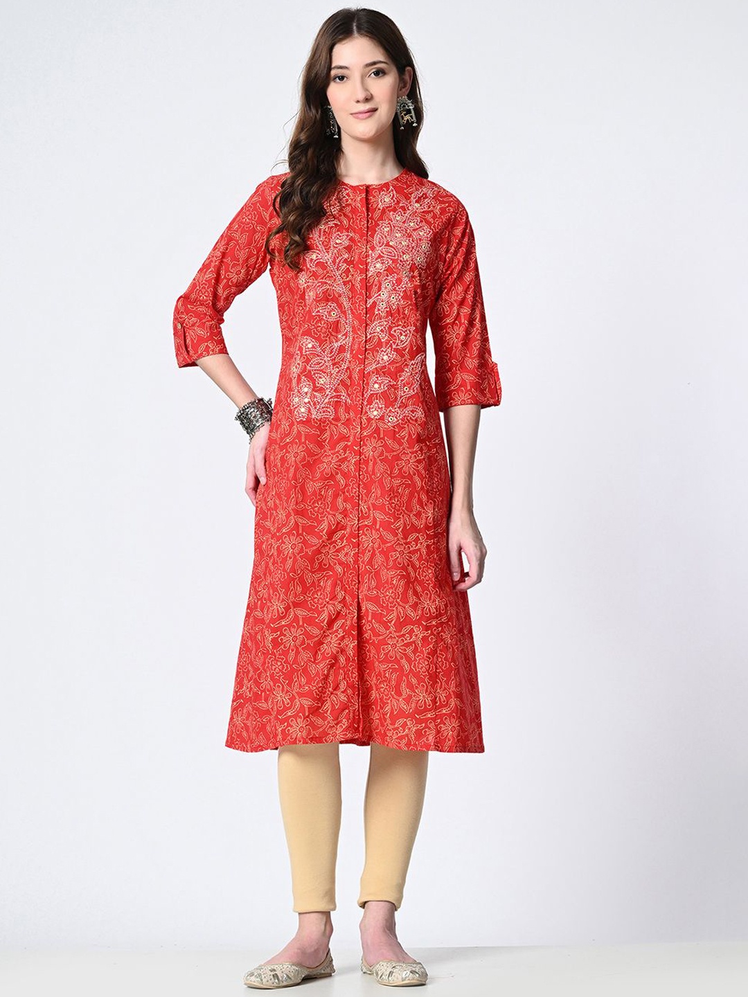 

Rue Collection Floral Printed Mirror Work Roll-Up Sleeves Cotton Straight Kurta, Red
