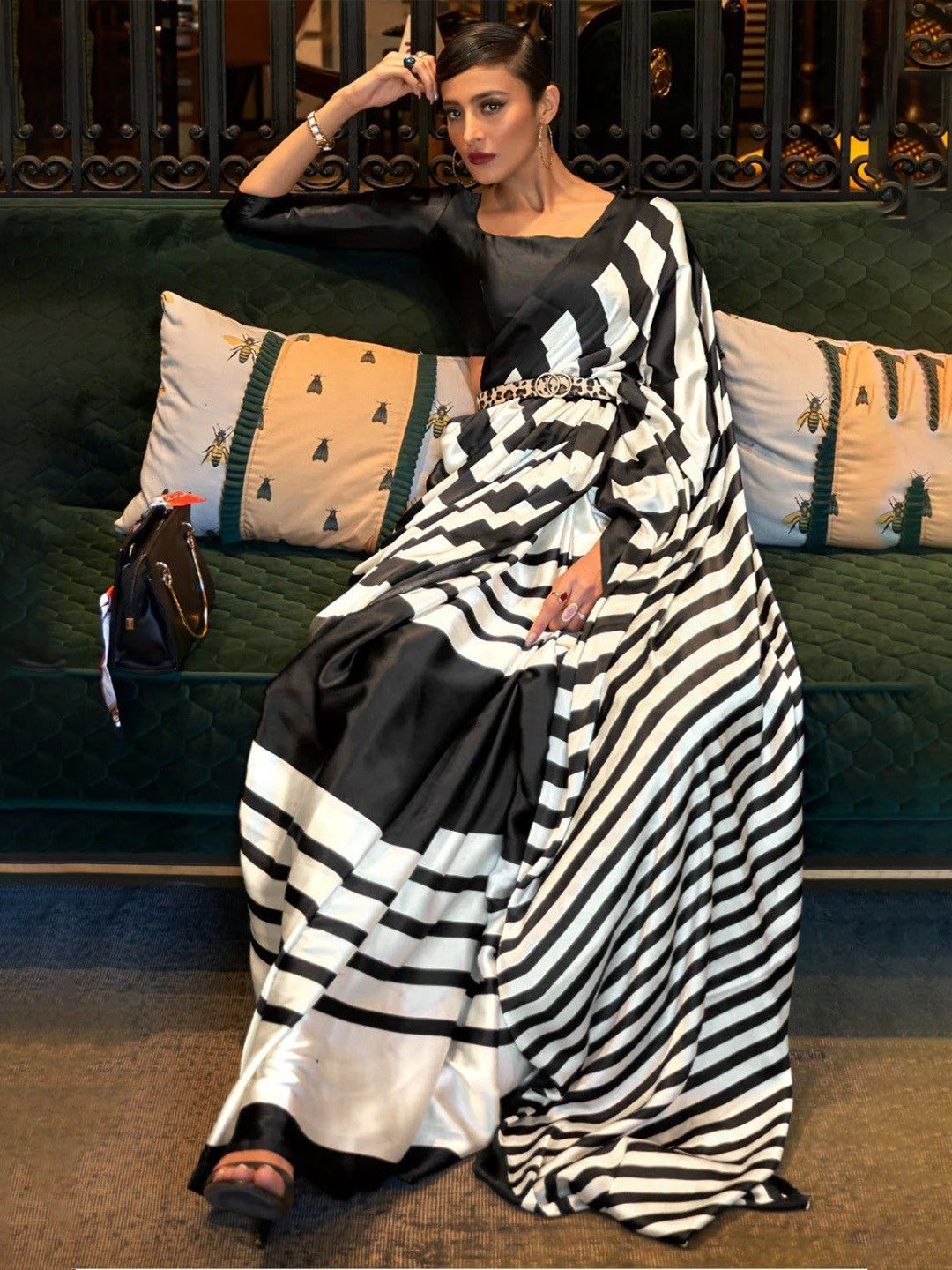 

Sarvada Striped Saree with Blouse, Black