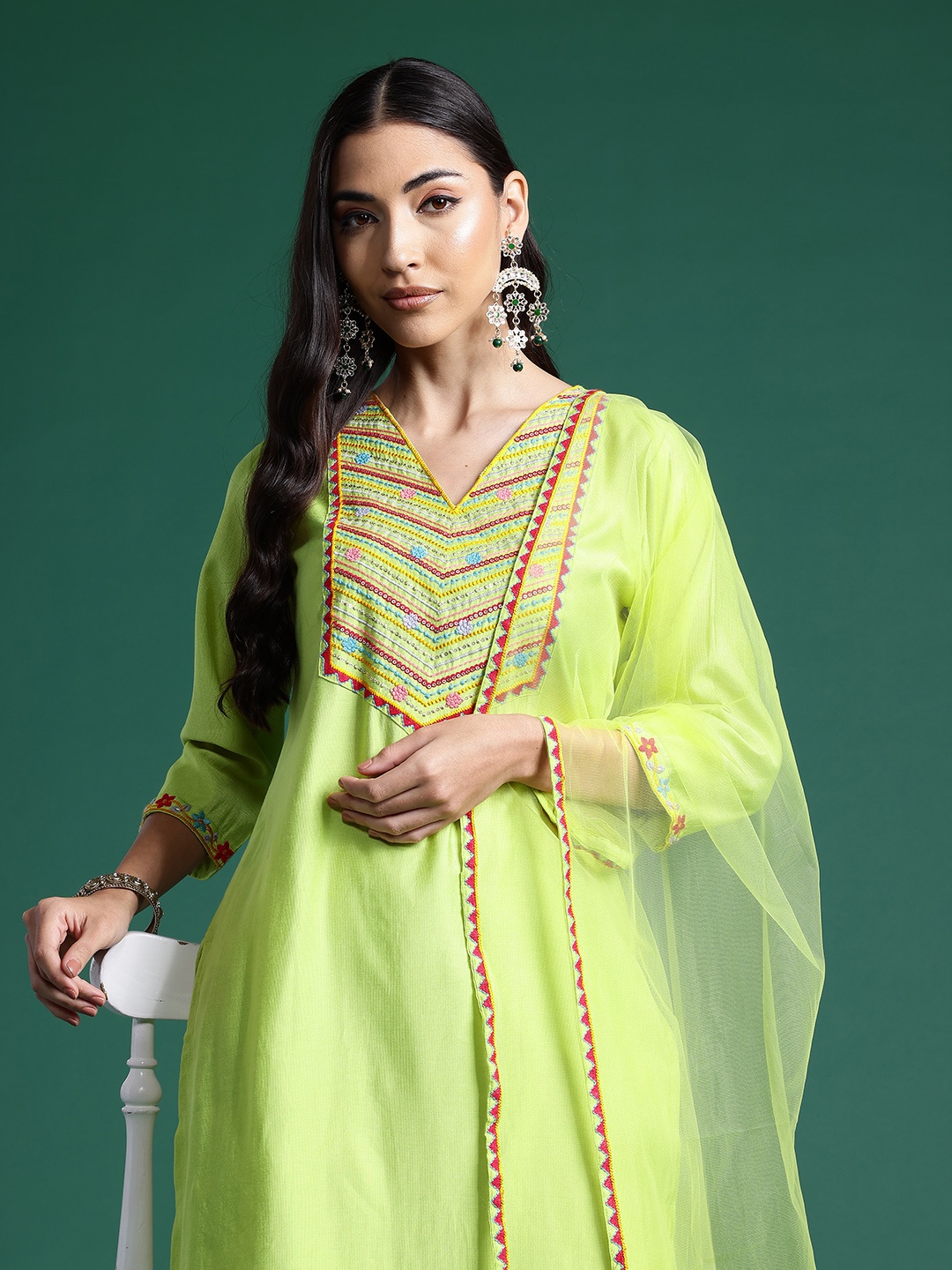 

Indo Era Floral Yoke Design Sequinned Liva Kurta With Trousers & Dupatta, Green