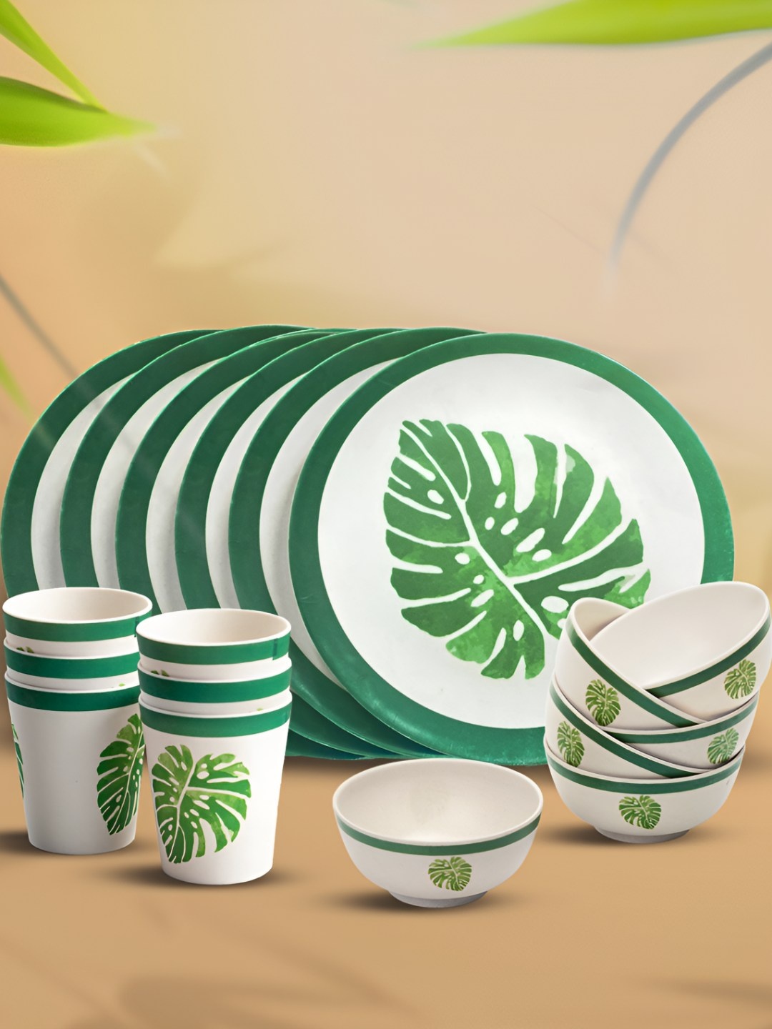 

Red Butler Green & White 18 Pieces Printed Microwave Safe Matte Bamboo Fiber Dinner Set