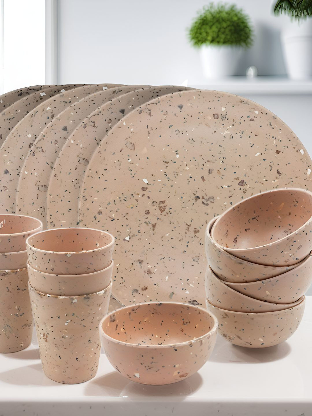 

Red Butler Beige & Grey 18 Pieces Printed Microwave Safe Matte Bamboo Fiber Dinner Set