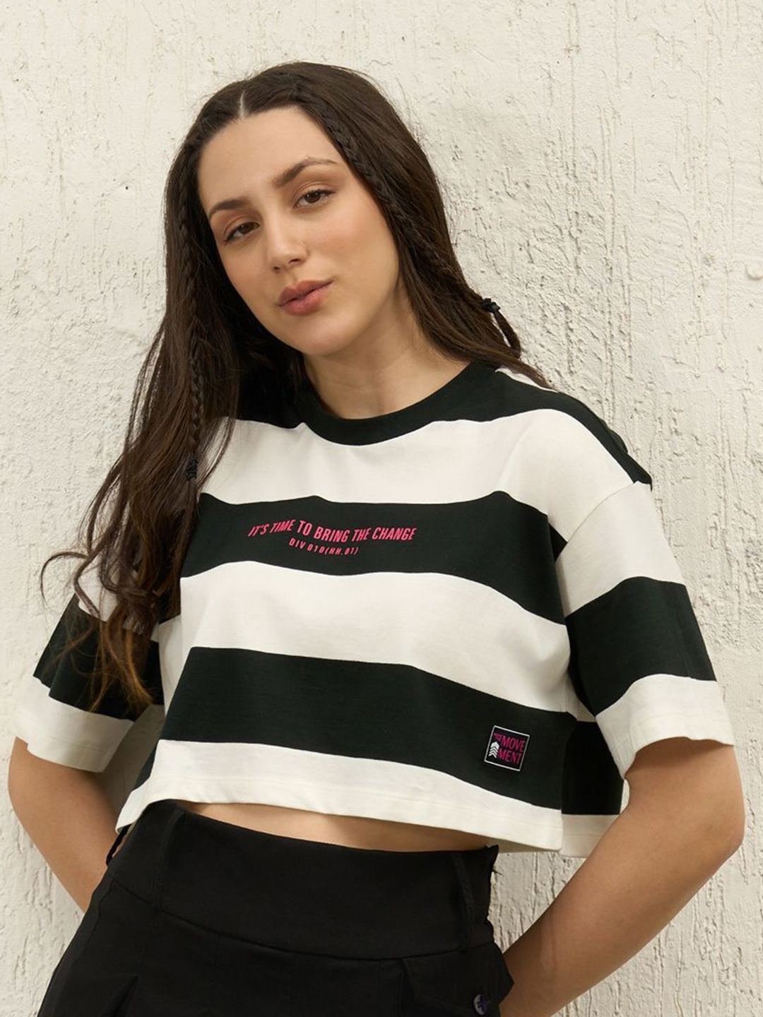 

Hubberholme Women Striped Round Neck Cotton Boxy crop T-shirt, Black