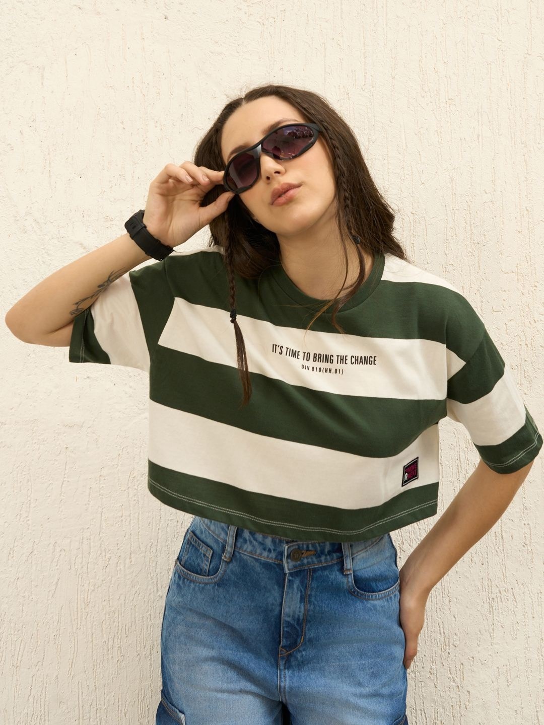 

Hubberholme Women Striped Round Neck Cotton Boxy crop T-shirt, Green