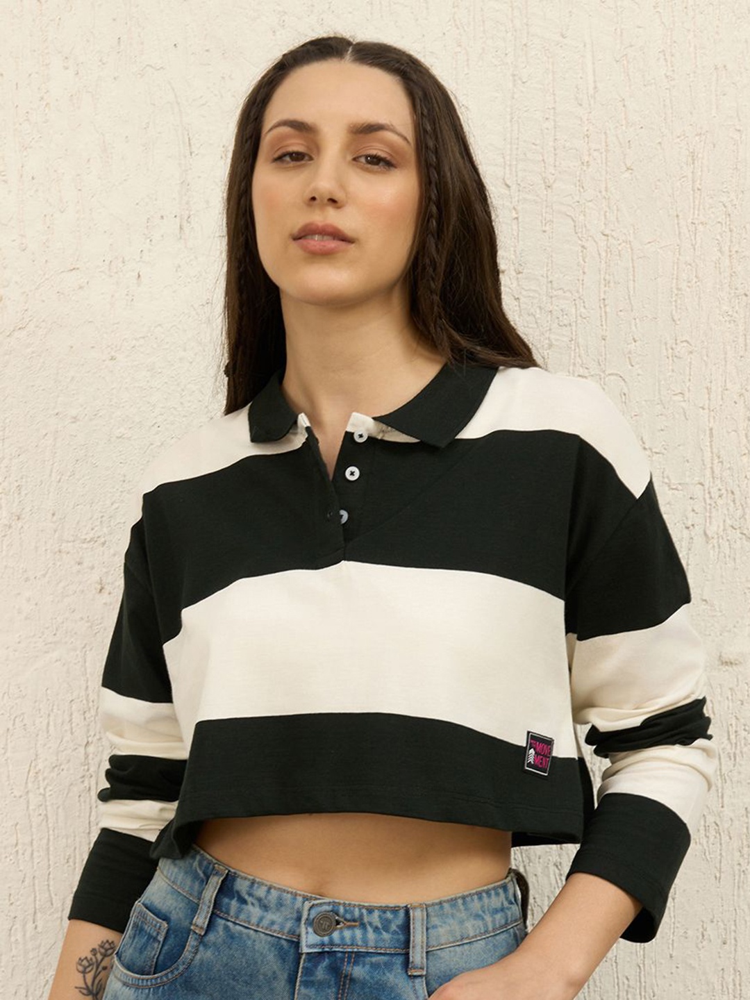 

Hubberholme Women Striped Polo Collar Cotton Boxy crop T-shirt, Black
